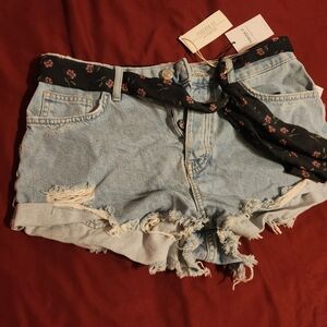 Forever 21 Light Blue Distressed Denim Shorts with Black Floral Belt